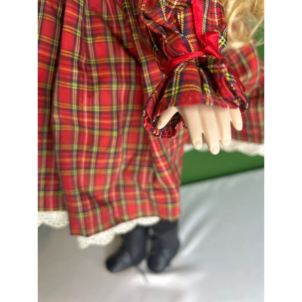 Vintage Porcelain Collectible Doll Blonde Hair Blue Eyes Red Plaid Holiday Dress